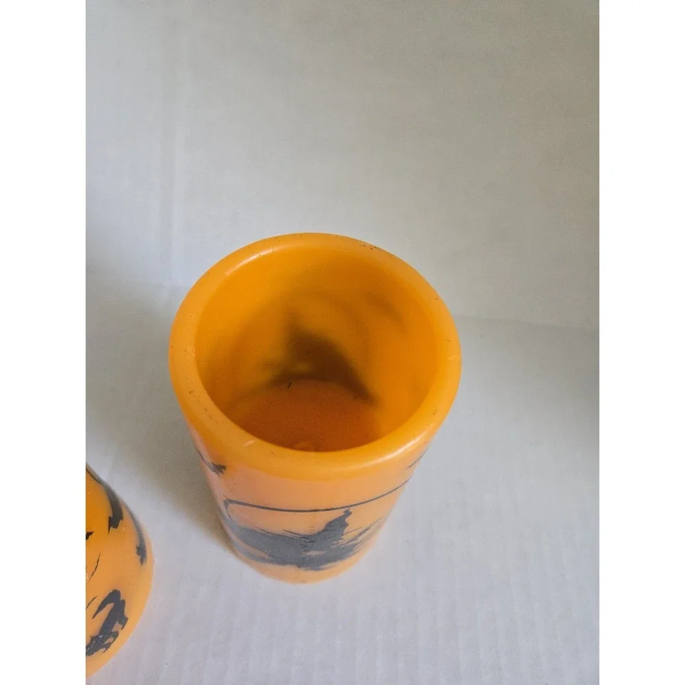 2 Halloween Flameless LED Pillar Candles Orange Black Witch Cat Bats Wax Battey
